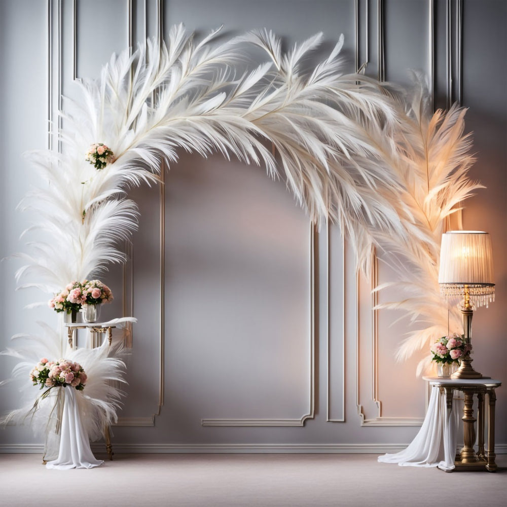 Sophisticated White Feather Floral Bohemian Backdrop UK BRP9-373