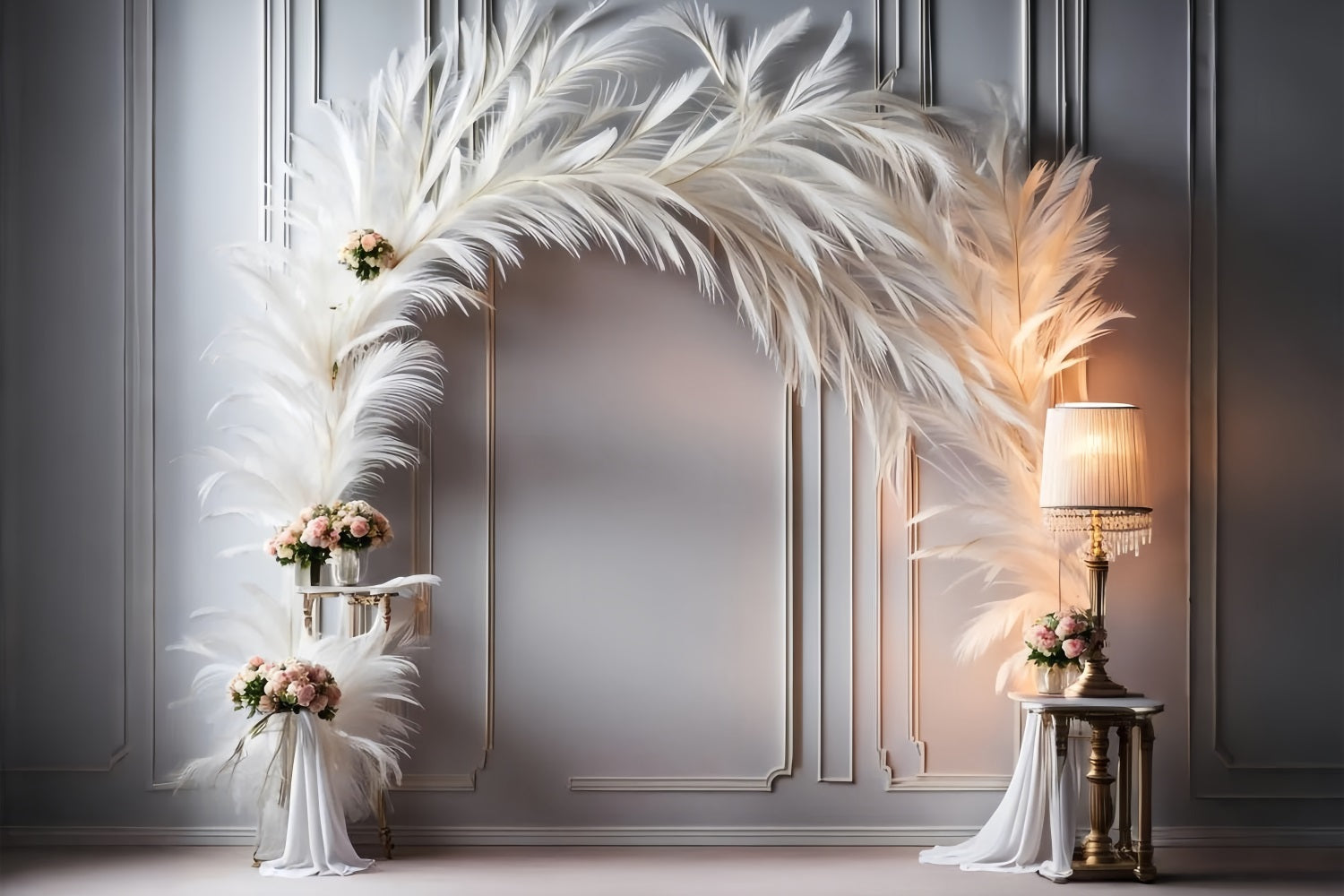 Sophisticated White Feather Floral Bohemian Backdrop UK BRP9-373