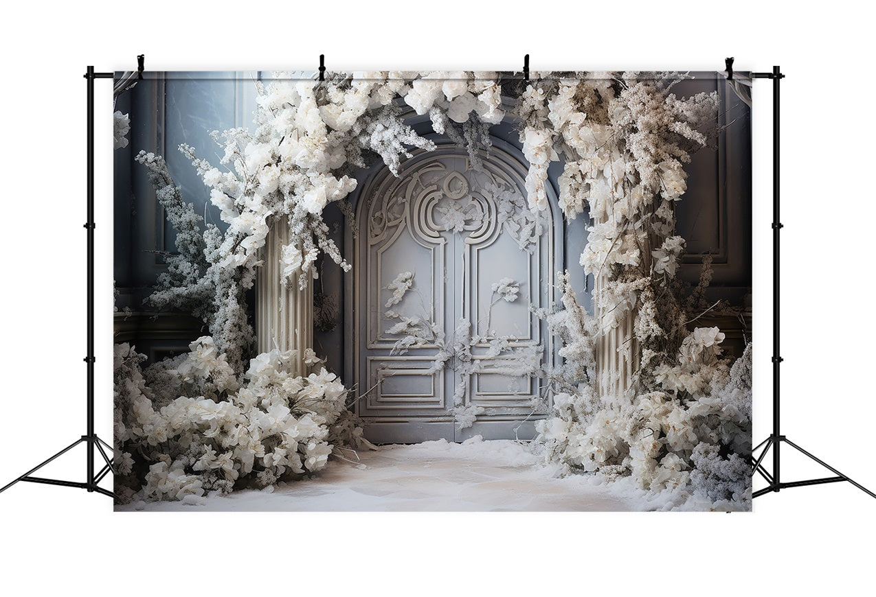 Winter Wonderland White Floral Arched Door Backdrop UK BRP9-374