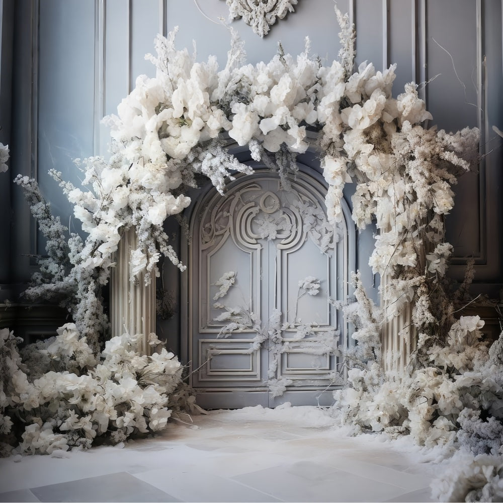 Winter Wonderland White Floral Arched Door Backdrop UK BRP9-374