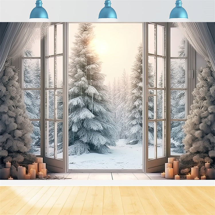 Elegant Frosted Window Opening Winter Forest Backdrop UK BRP9-375