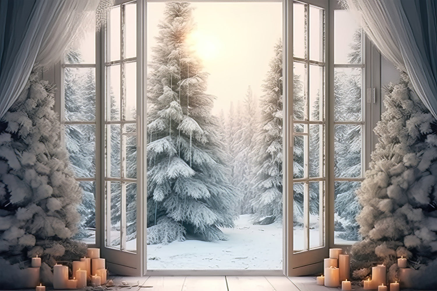 Elegant Frosted Window Opening Winter Forest Backdrop UK BRP9-375