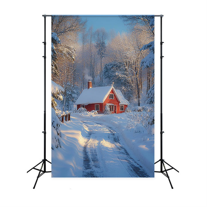 Cozy Red Cabin Snowy Winter Wonderland Backdrop UK BRP9-377