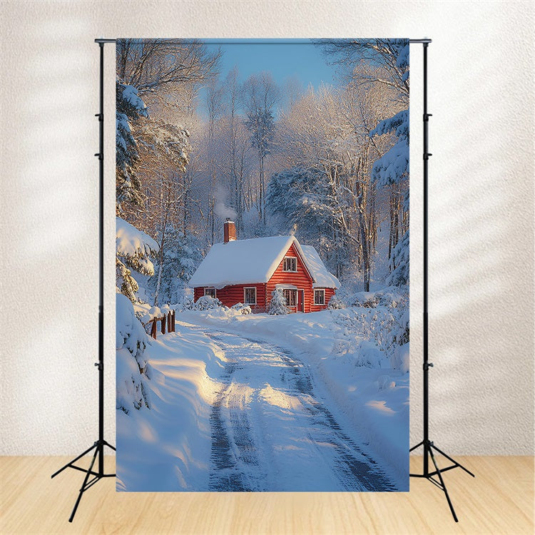 Cozy Red Cabin Snowy Winter Wonderland Backdrop UK BRP9-377