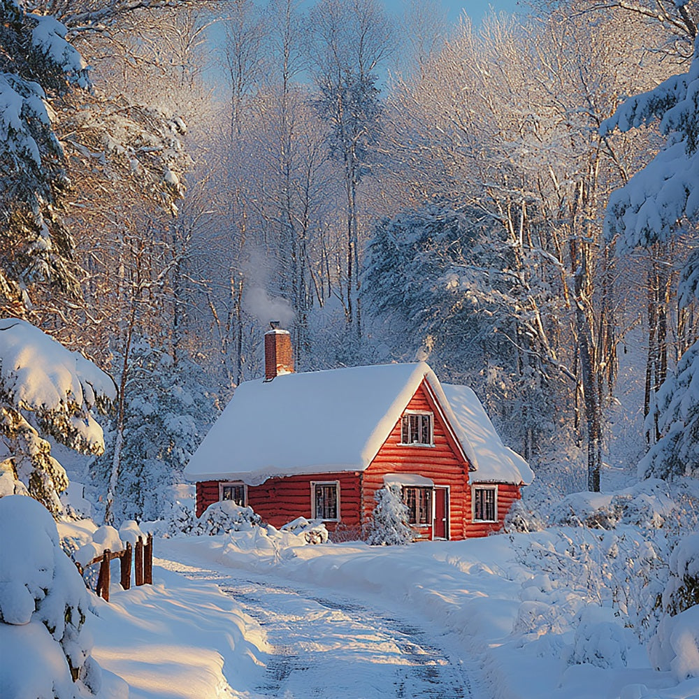 Cozy Red Cabin Snowy Winter Wonderland Backdrop UK BRP9-377