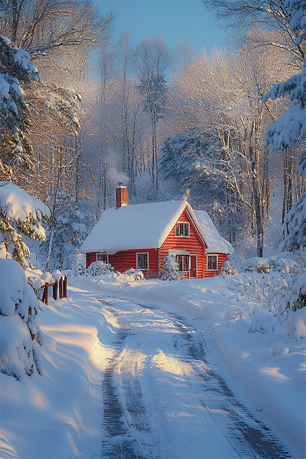 Cozy Red Cabin Snowy Winter Wonderland Backdrop UK BRP9-377