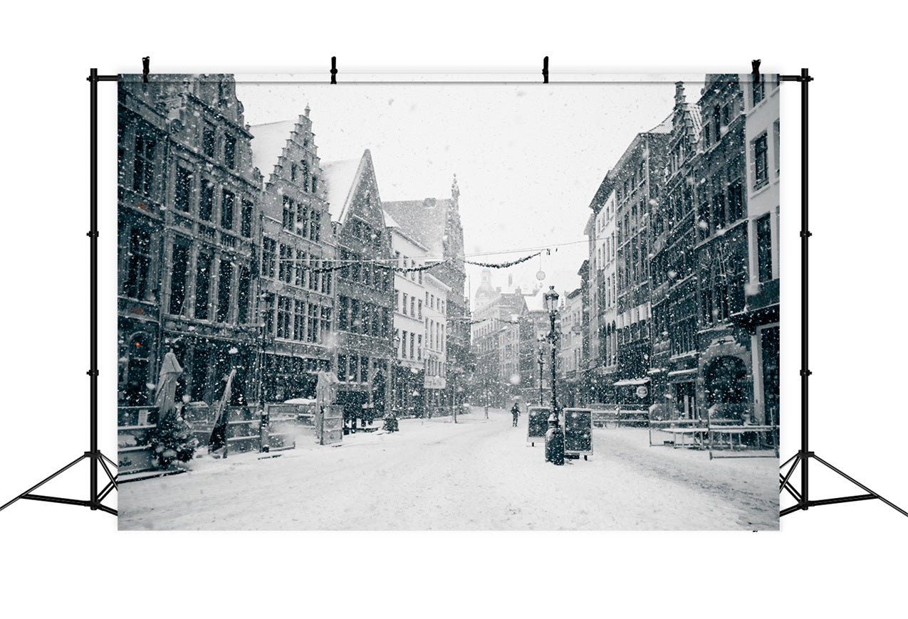 Vintage Winter Snowy Street Scene Backdrop UK BRP9-379