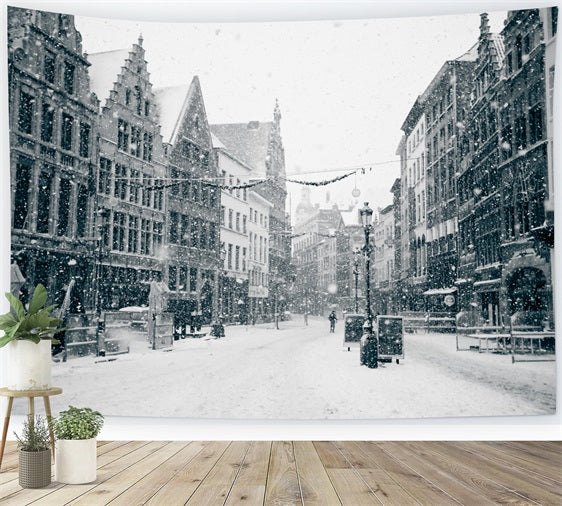 Vintage Winter Snowy Street Scene Backdrop UK BRP9-379