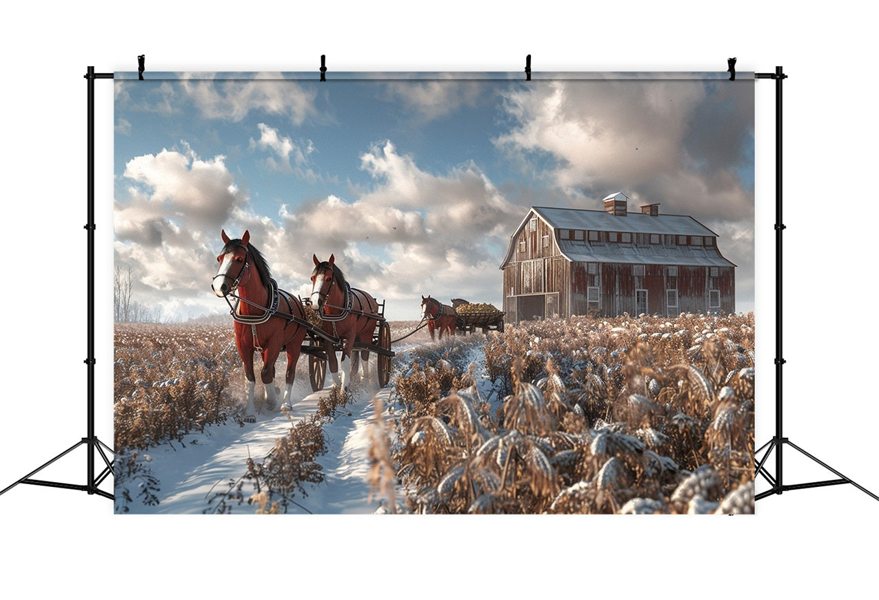 Snowy Barn Horses Winter Field Backdrop UK BRP9-380