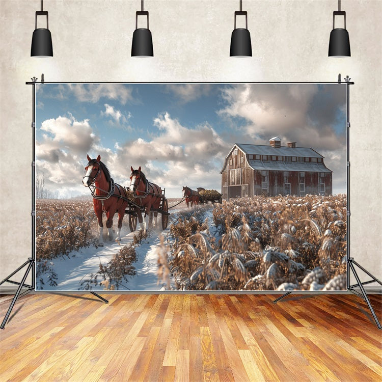 Snowy Barn Horses Winter Field Backdrop UK BRP9-380