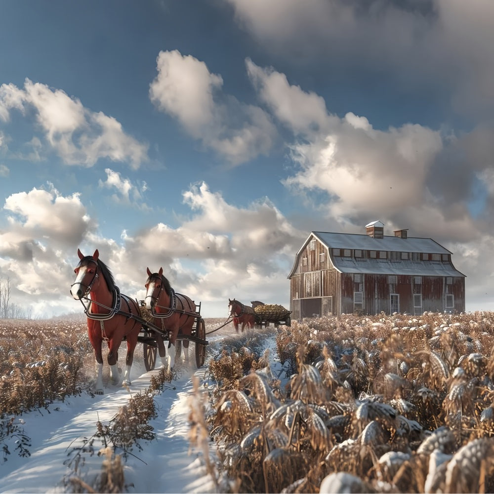 Snowy Barn Horses Winter Field Backdrop UK BRP9-380