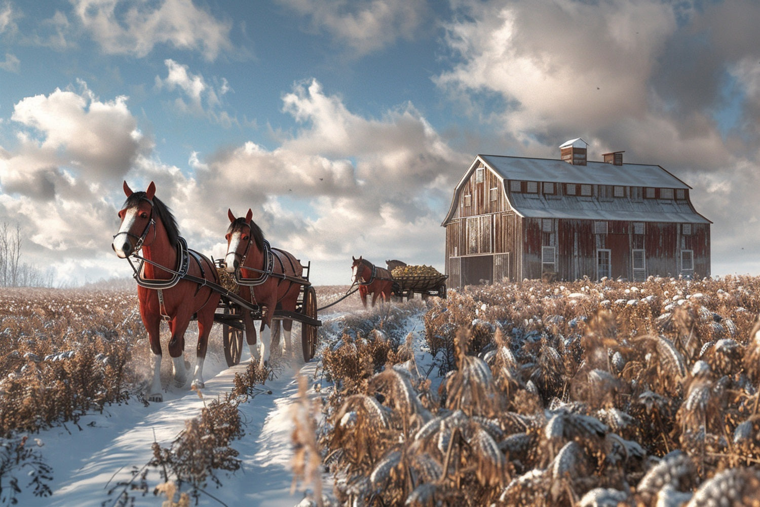 Snowy Barn Horses Winter Field Backdrop UK BRP9-380