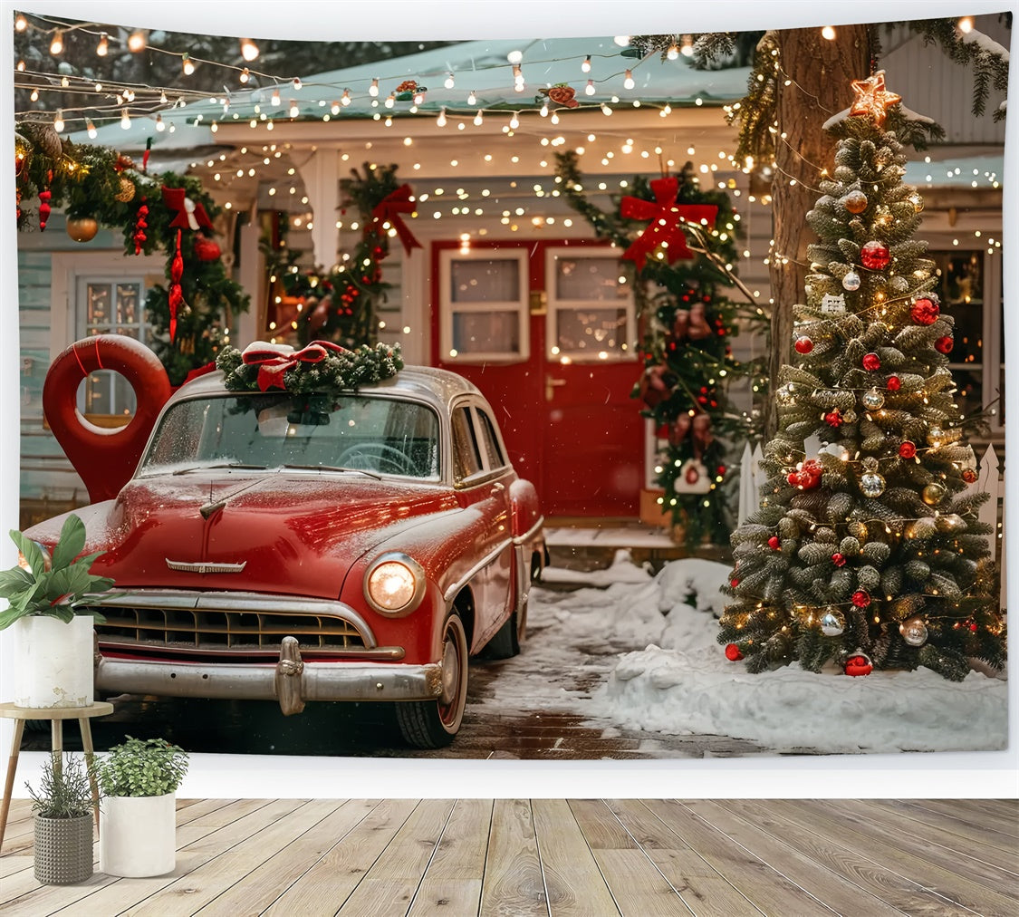 Christmas House with Red Vintage Car Backdrop UK BRP9-43