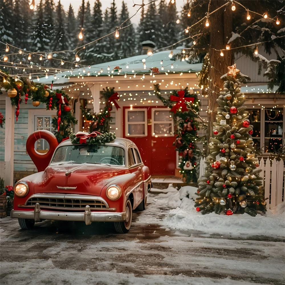 Christmas House with Red Vintage Car Backdrop UK BRP9-43