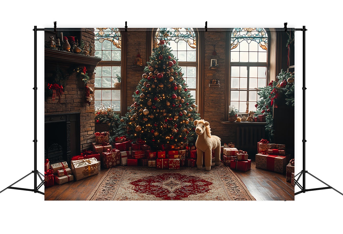 Fireplace Christmas Tree and Gifts Toy Horse Backdrop UK BRP9-44