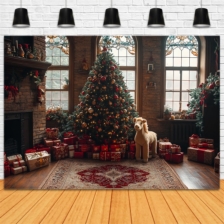 Fireplace Christmas Tree and Gifts Toy Horse Backdrop UK BRP9-44