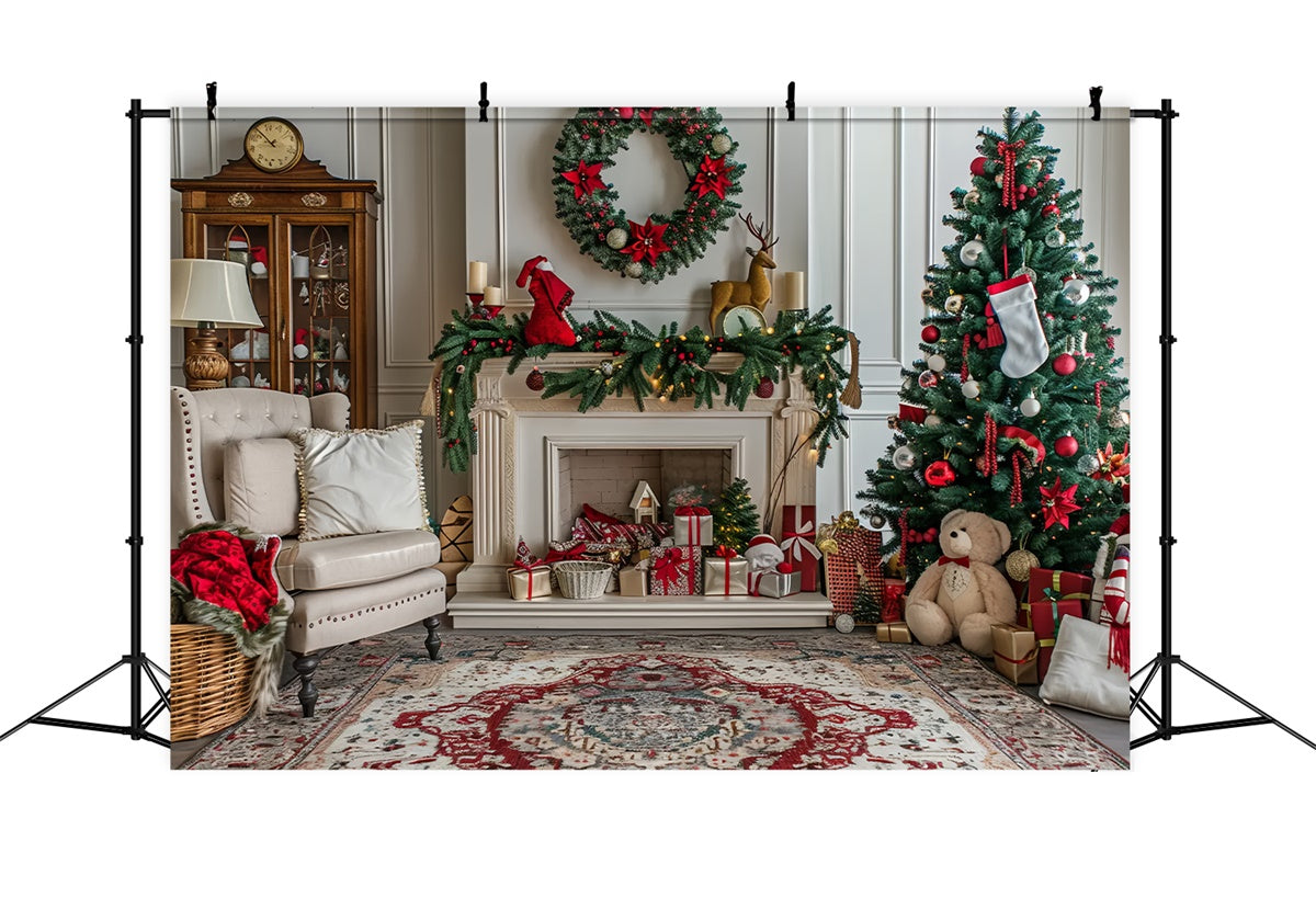 Christmas Fireplace and Tree with Stocking Charm Backdrop UK BRP9-45