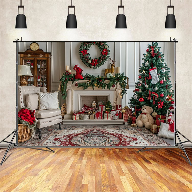 Christmas Fireplace and Tree with Stocking Charm Backdrop UK BRP9-45