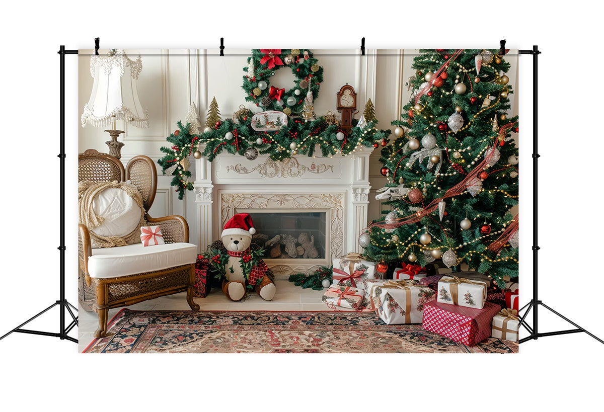 Teddy Bear Christmas by the Cozy Fireplace Backdrop UK BRP9-46