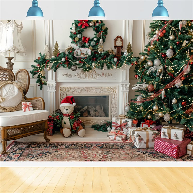 Teddy Bear Christmas by the Cozy Fireplace Backdrop UK BRP9-46