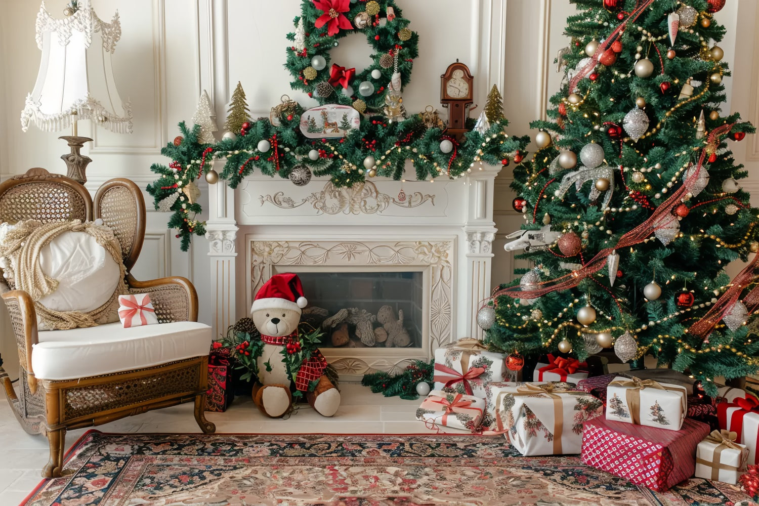 Teddy Bear Christmas by the Cozy Fireplace Backdrop UK BRP9-46