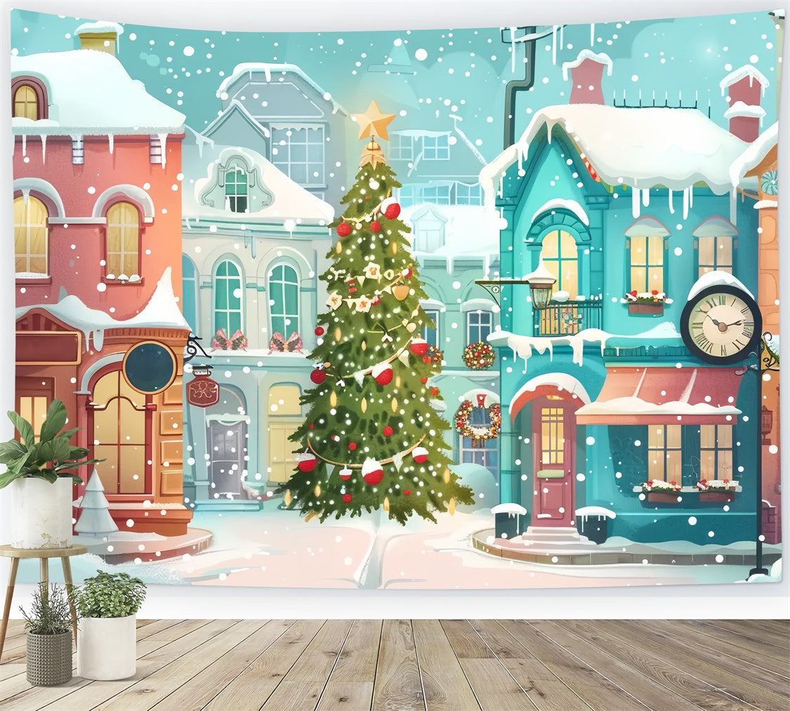 Christmas Tree in the Heart of Snowy Village Backdrop UK BRP9-47