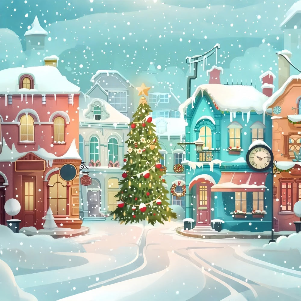 Christmas Tree in the Heart of Snowy Village Backdrop UK BRP9-47