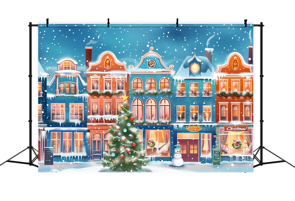 Snowy Christmas Town with Colorful Lights Backdrop UK BRP9-48