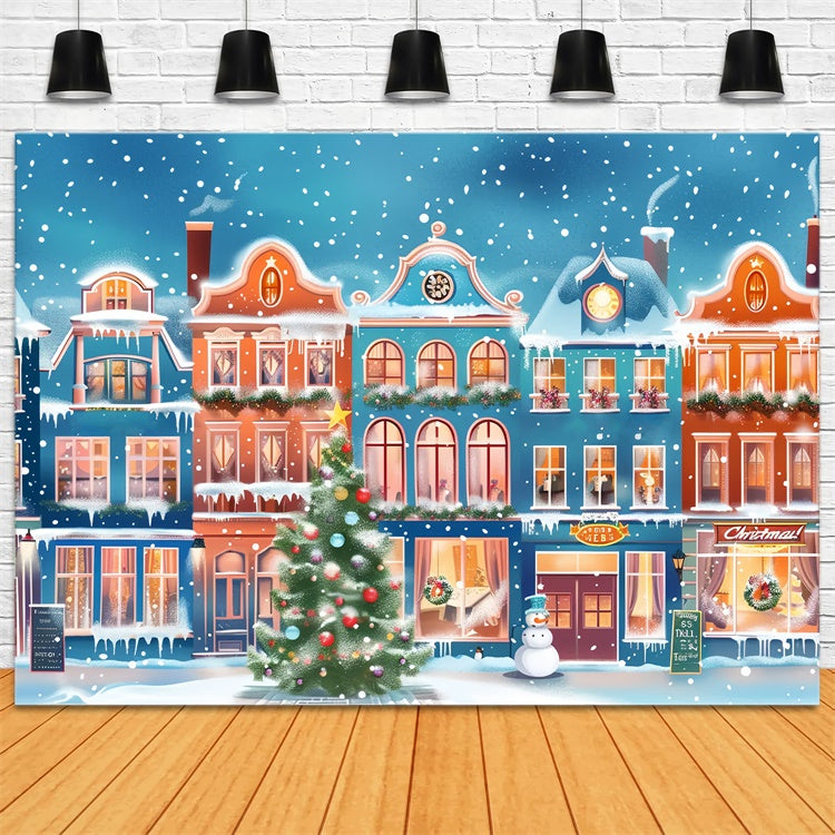 Snowy Christmas Town with Colorful Lights Backdrop UK BRP9-48