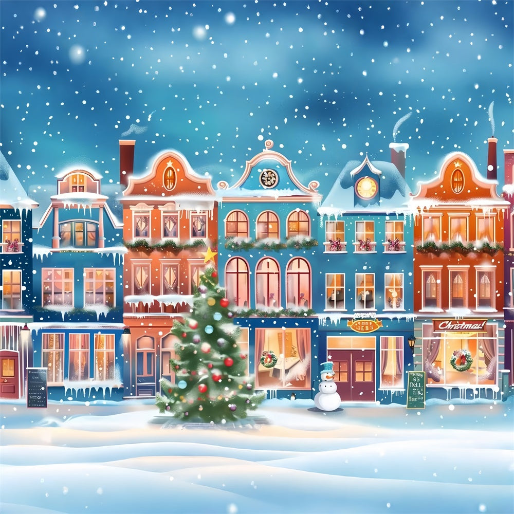 Snowy Christmas Town with Colorful Lights Backdrop UK BRP9-48