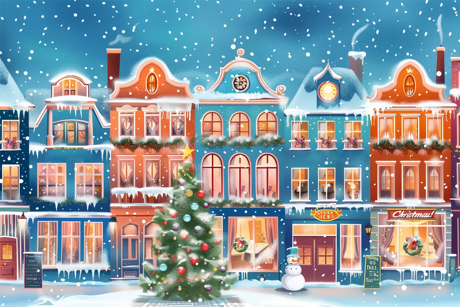 Snowy Christmas Town with Colorful Lights Backdrop UK BRP9-48