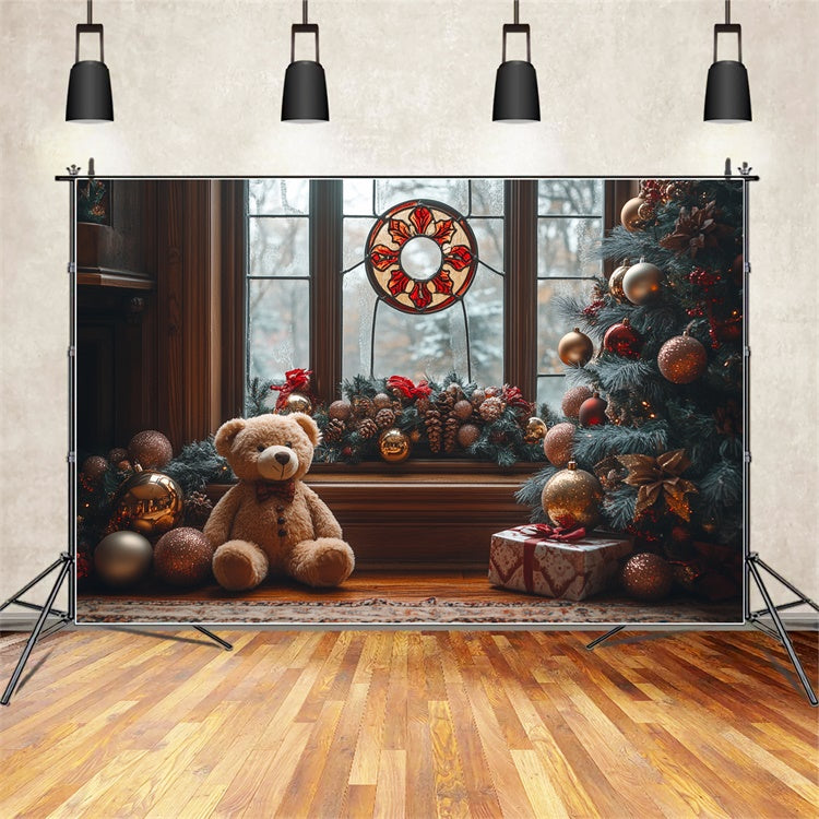 Teddy Bear Christmas by the Window Charm Backdrop UK BRP9-49