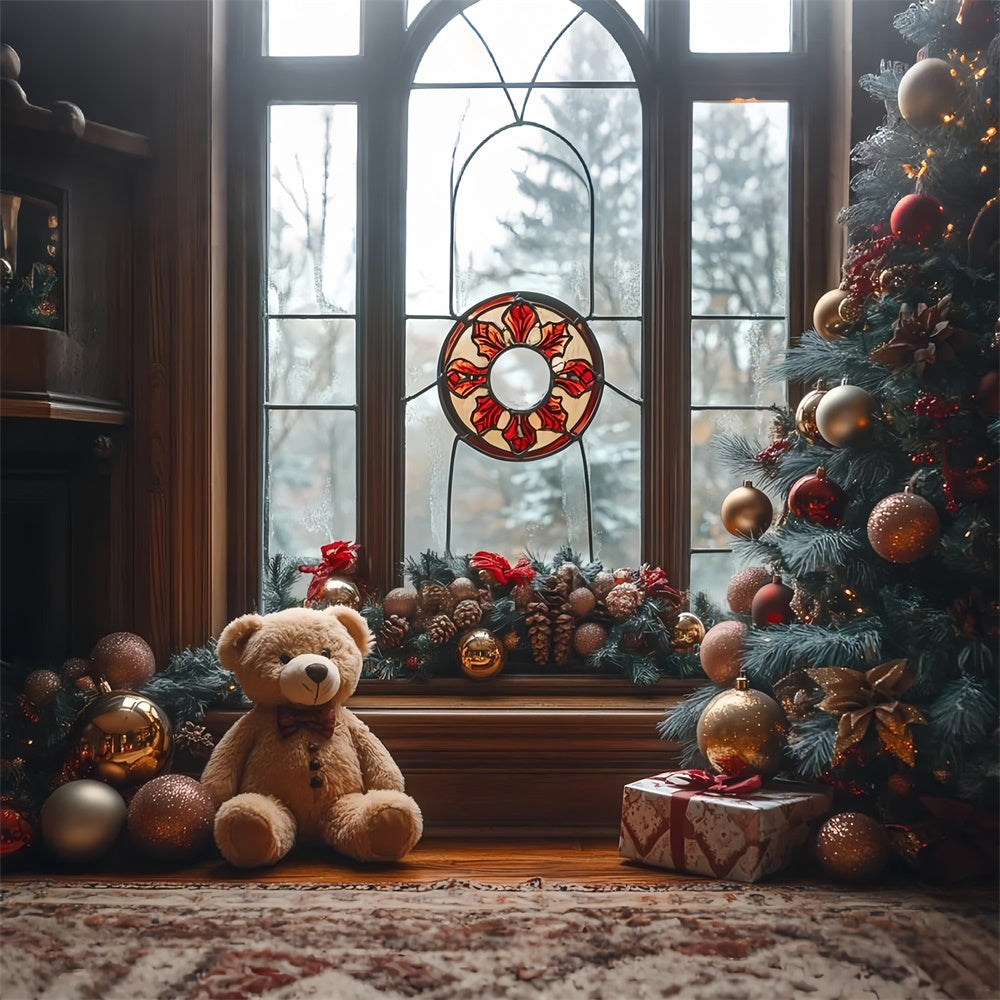 Teddy Bear Christmas by the Window Charm Backdrop UK BRP9-49