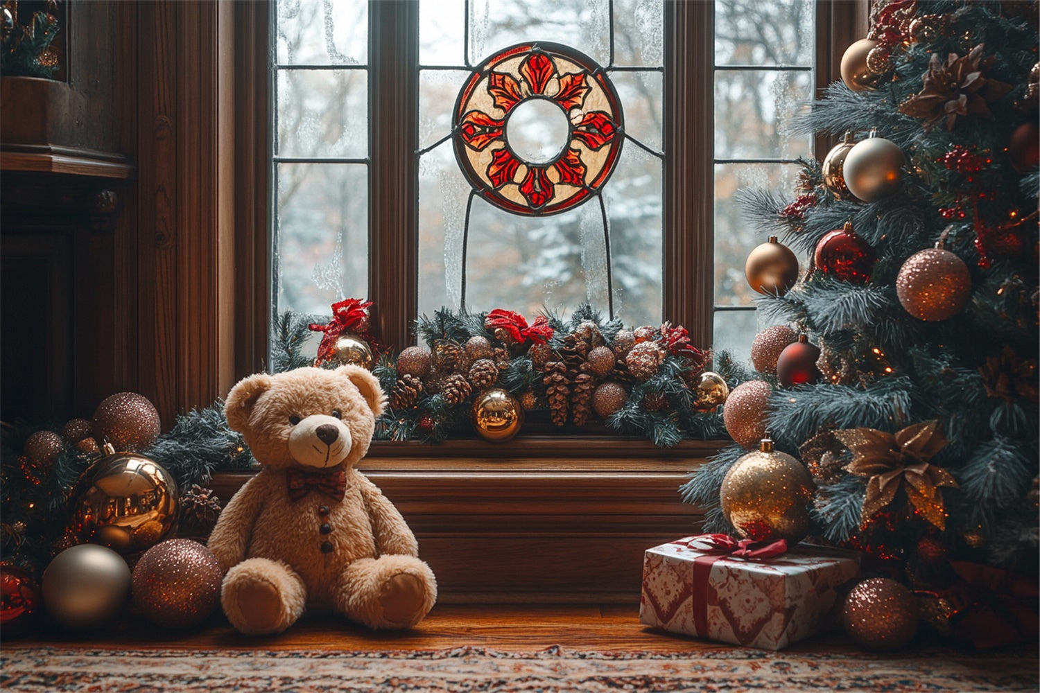 Teddy Bear Christmas by the Window Charm Backdrop UK BRP9-49