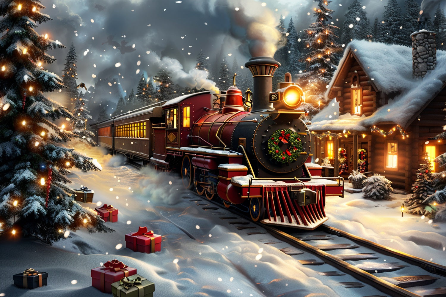 Snowy Night Christmas Train Adventure Backdrop UK BRP9-76