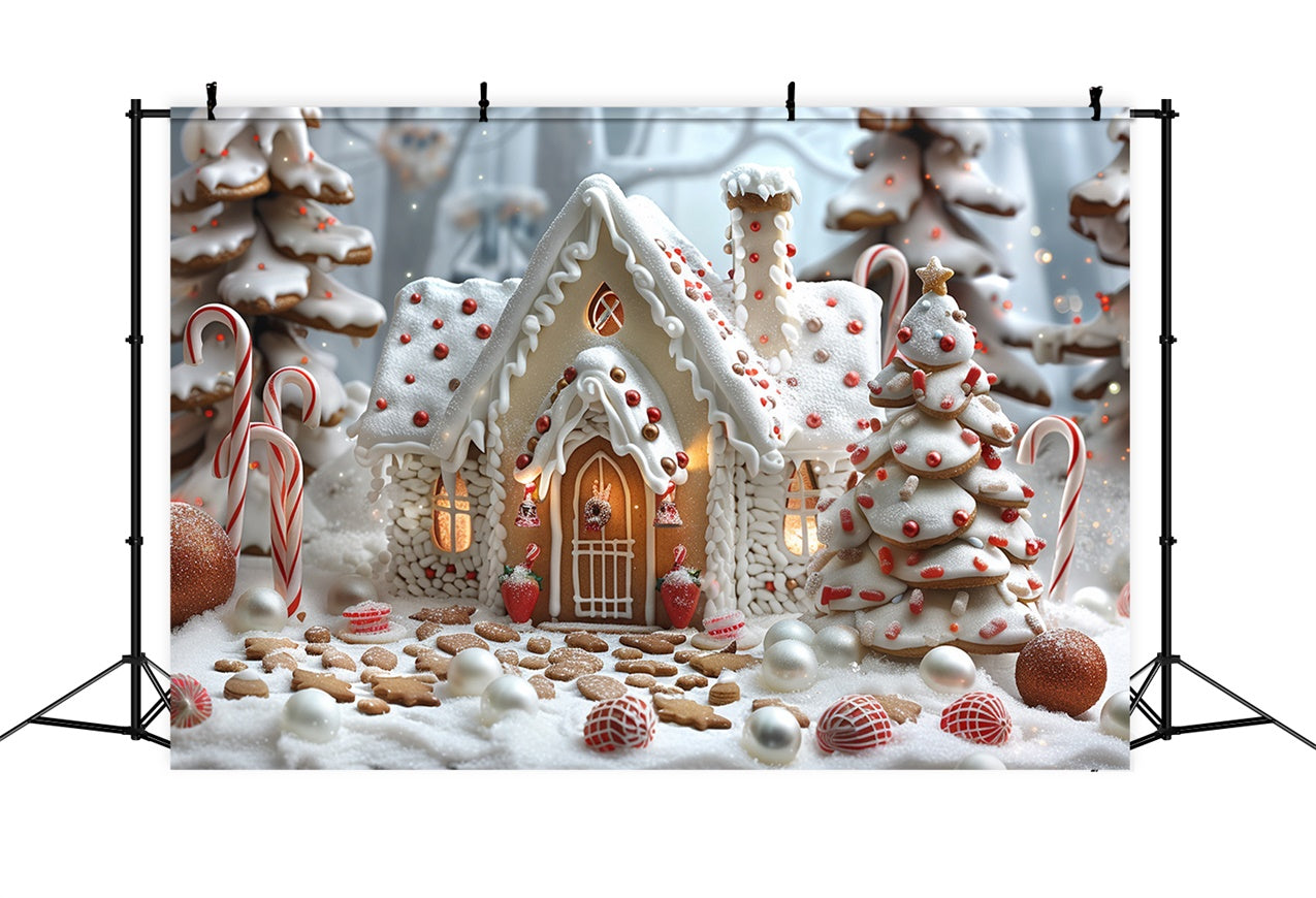 Frosty Gingerbread Christmas Cottage with Candy Canes Backdrop UK BRP9-77