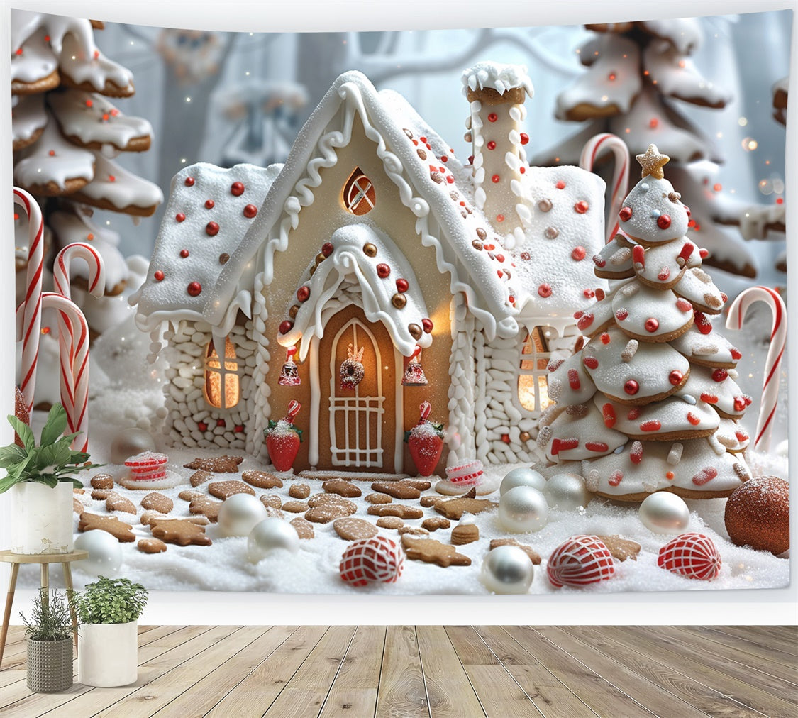 Frosty Gingerbread Christmas Cottage with Candy Canes Backdrop UK BRP9-77