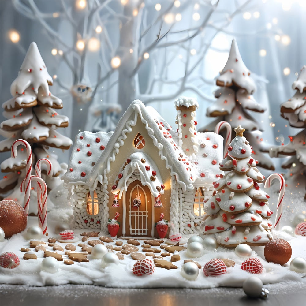 Frosty Gingerbread Christmas Cottage with Candy Canes Backdrop UK BRP9-77