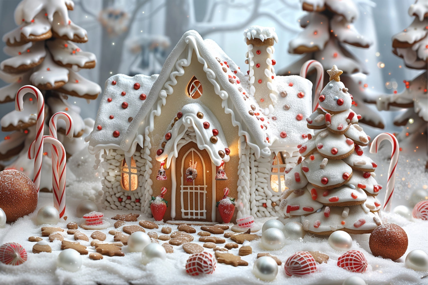 Frosty Gingerbread Christmas Cottage with Candy Canes Backdrop UK BRP9-77