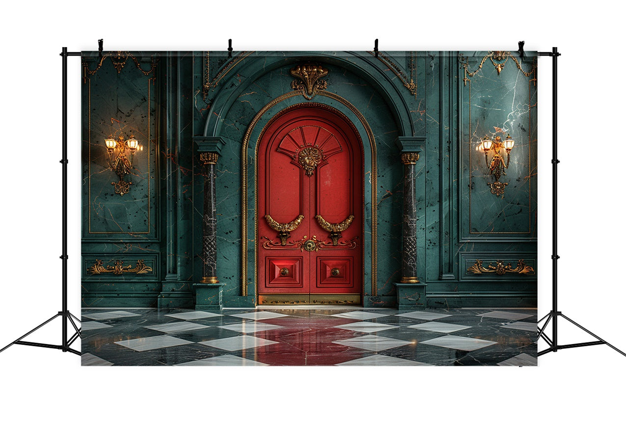 Red Christmas Door in Marble Hall Backdrop UK BRP9-78