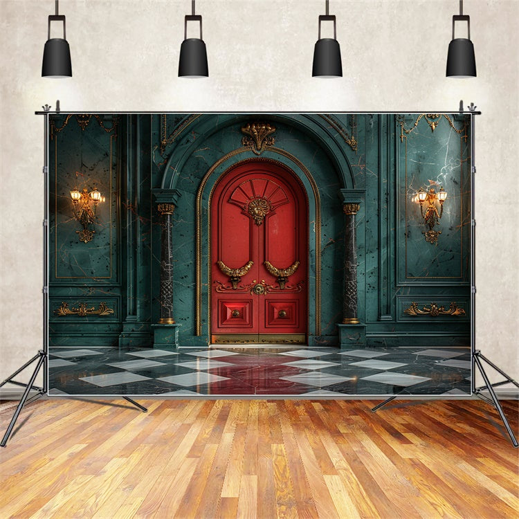 Red Christmas Door in Marble Hall Backdrop UK BRP9-78