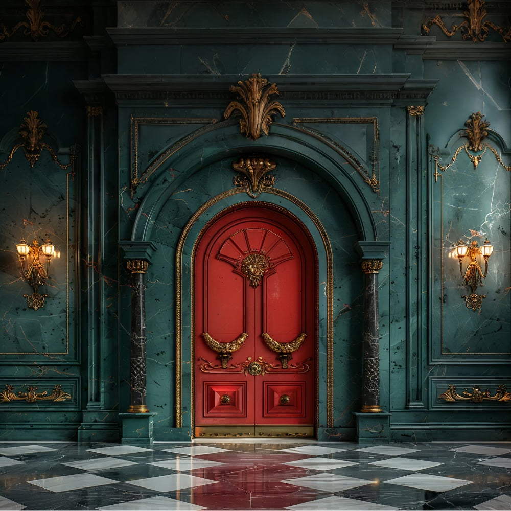 Red Christmas Door in Marble Hall Backdrop UK BRP9-78