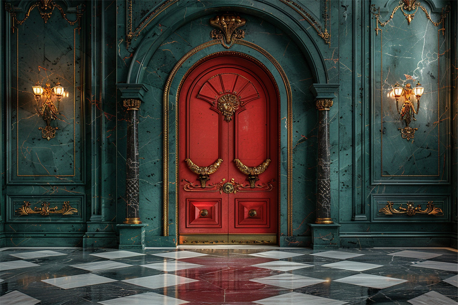 Red Christmas Door in Marble Hall Backdrop UK BRP9-78