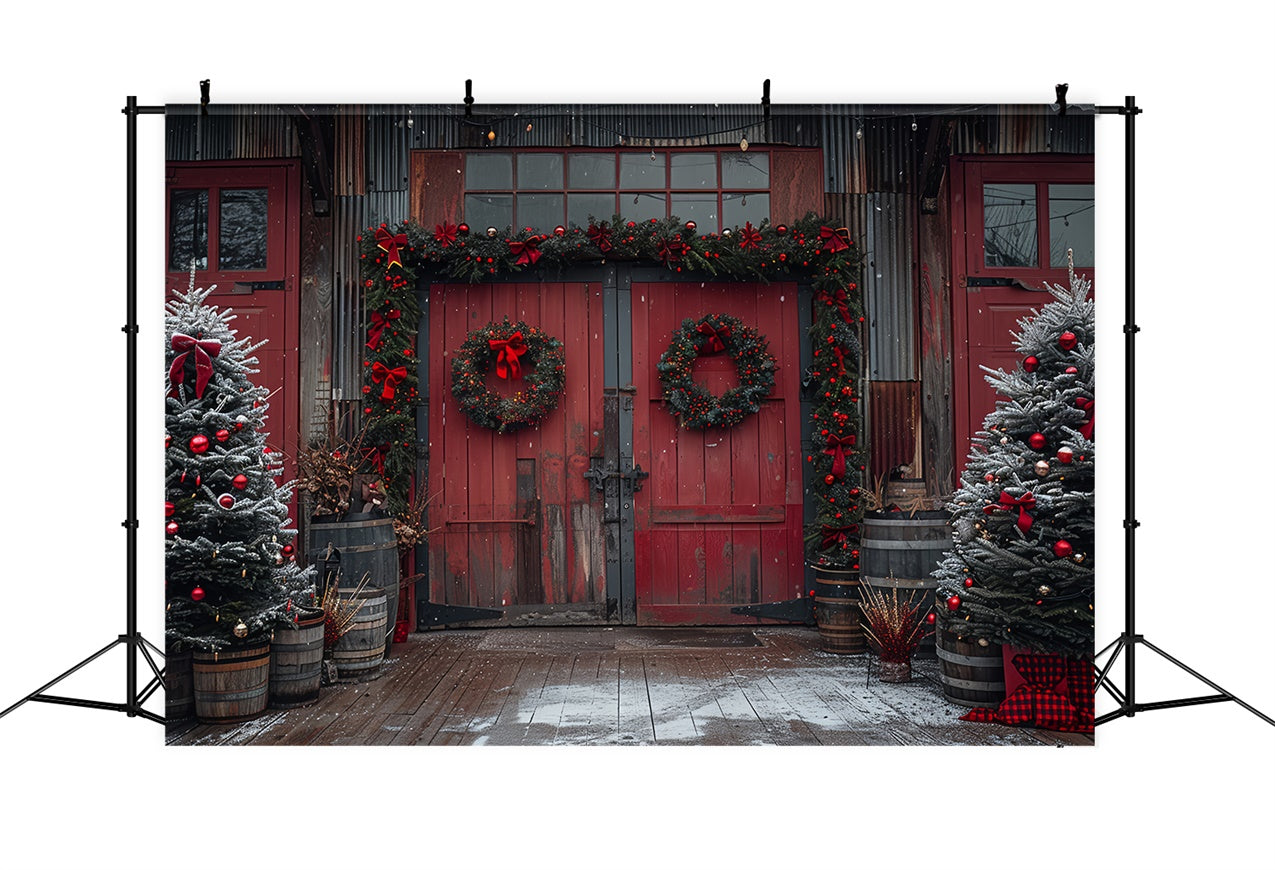 Red Christmas Barn with Wreaths and Tree Decorations Backdrop UK BRP9-80