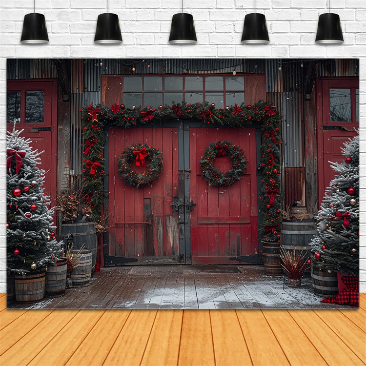 Red Christmas Barn with Wreaths and Tree Decorations Backdrop UK BRP9-80