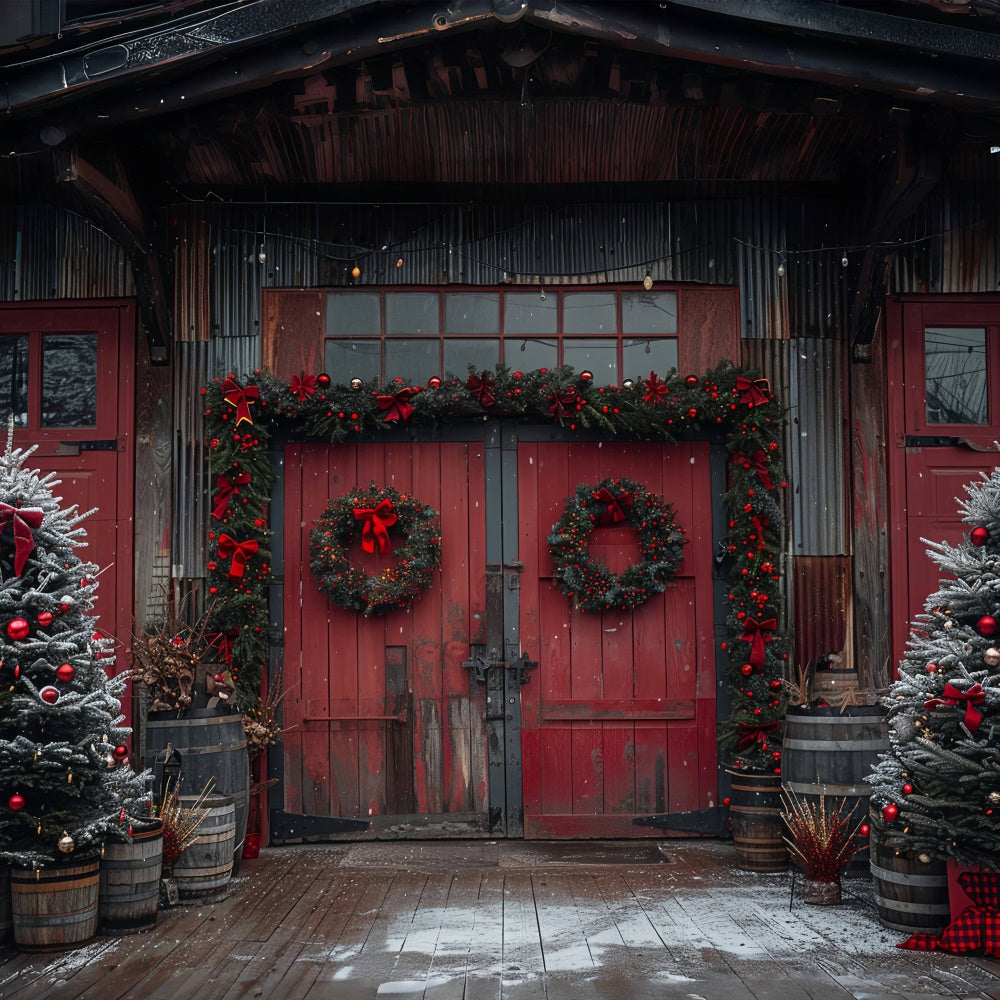 Red Christmas Barn with Wreaths and Tree Decorations Backdrop UK BRP9-80