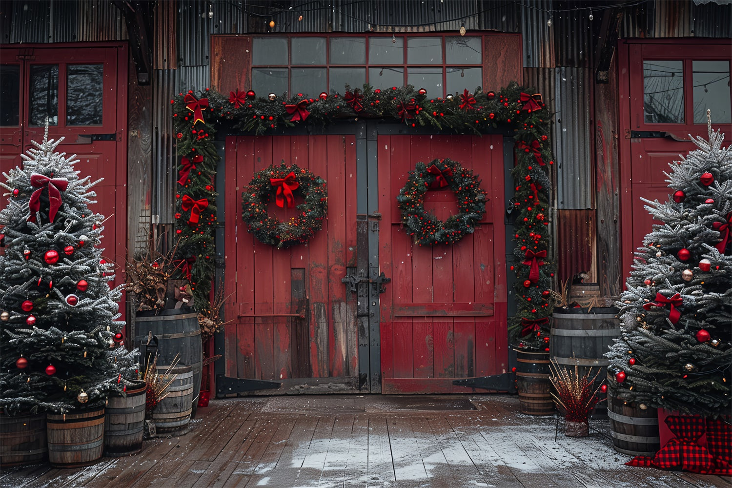 Red Christmas Barn with Wreaths and Tree Decorations Backdrop UK BRP9-80