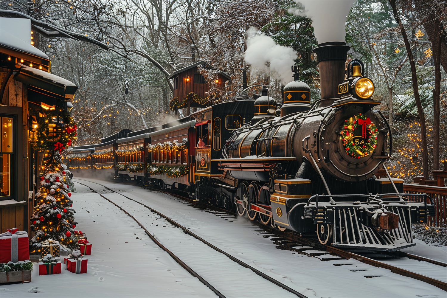 Winter Christmas Train with Snowy Tracks Backdrop UK BRP9-81