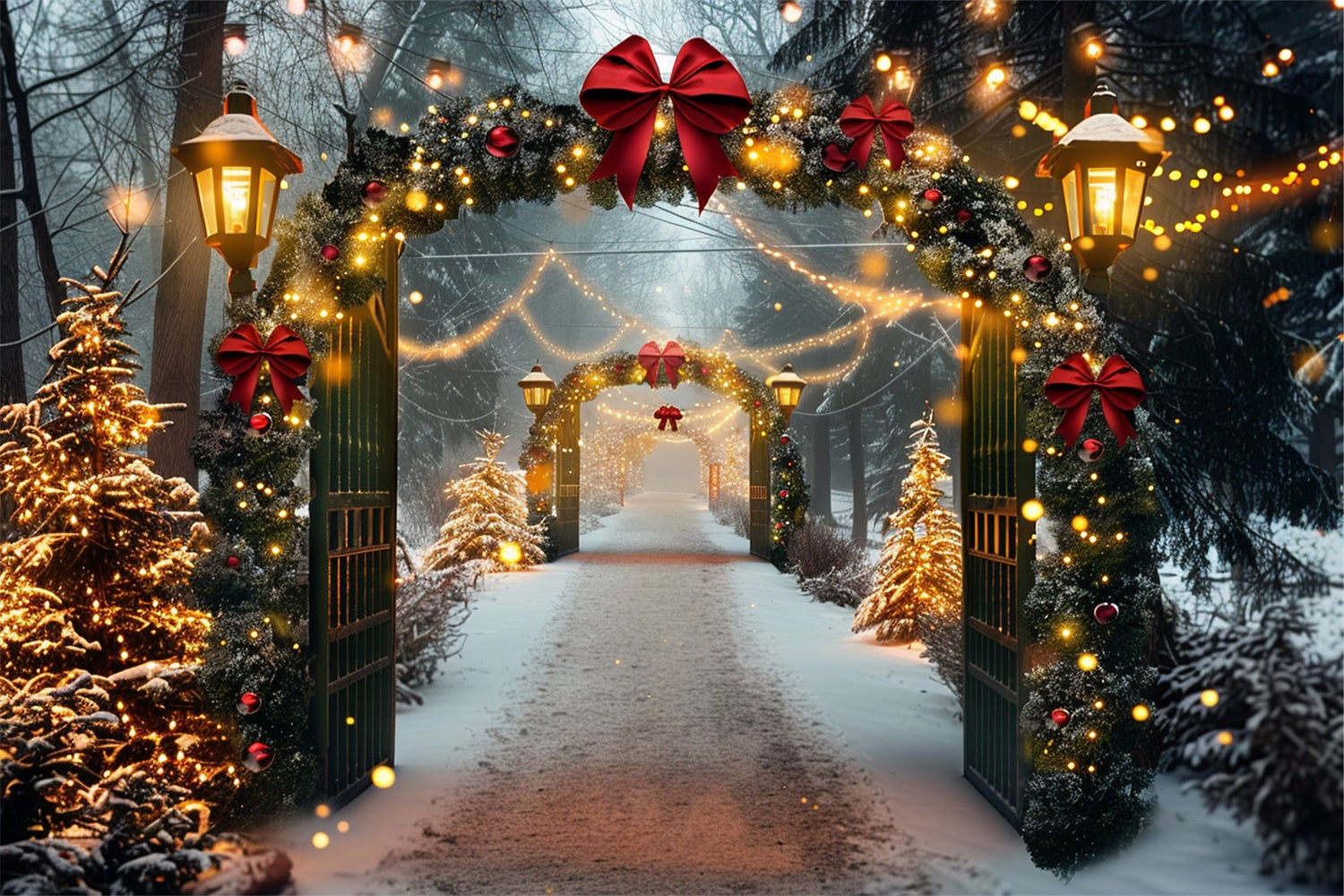 Snowy Christmas Archway with Festive Lights Backdrop UK BRP9-84