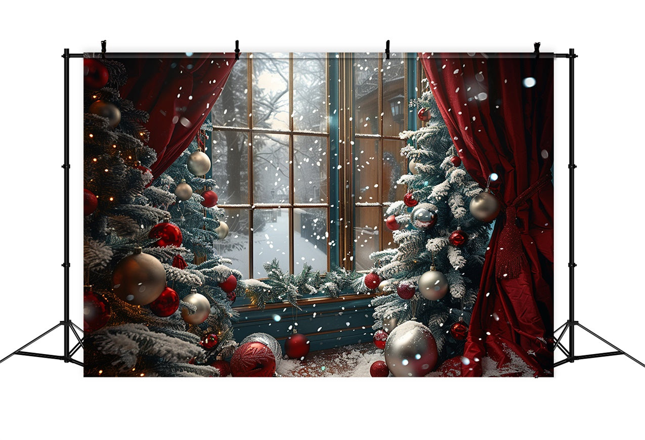 Red Curtain and Snowy Trees Christmas Window Backdrop UK BRP9-87